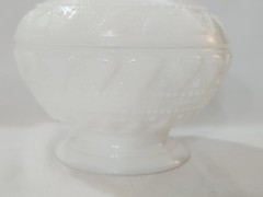 Antique Victory Glass Inc Milk Glass Covered Dish Lace and Dewdrops Pattern EC
