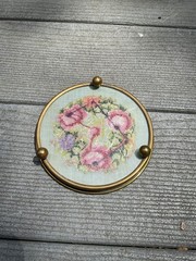 Antique Floral Needlepoint Brass Glass Footed Dish/trinket 5” Round