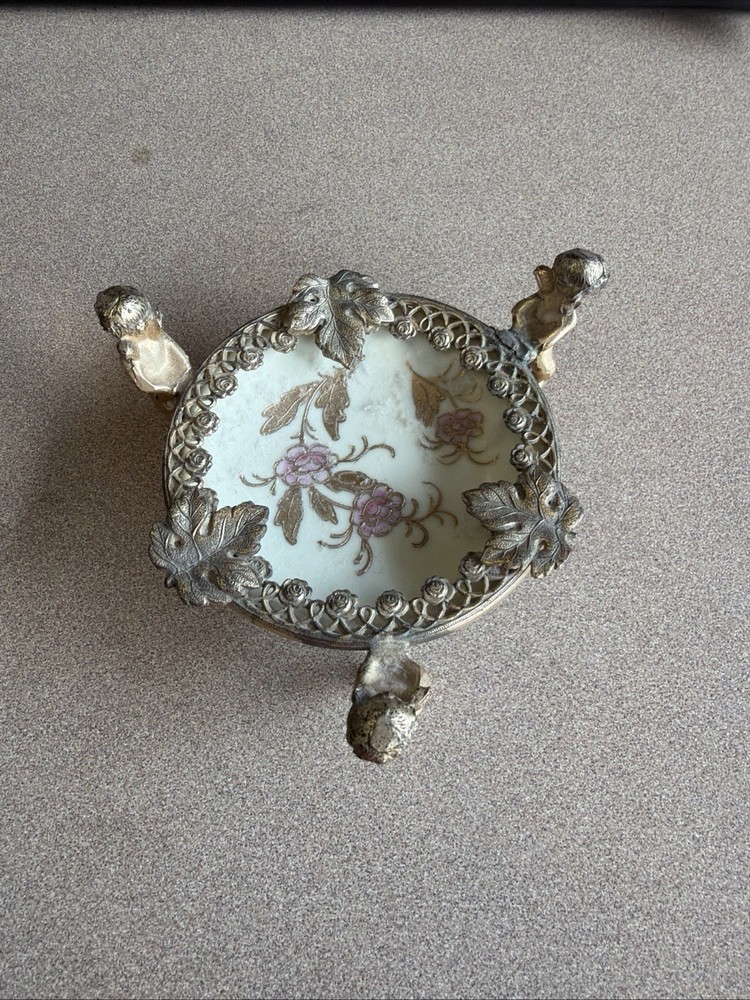Antique Small Raised Meissen Bowl In Bronze Setting Footed 3 Cherubs 5″ Stunning