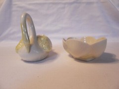 PAIR OF BELLEEK PARIAN CHINA , SWAN CREAMER AND SEA SHELL CANDY OBLONG DISH
