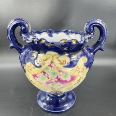 Antique Fine Porcelain Vase Vessel Footed Dish Bowl W Handles Decorated Ceramic