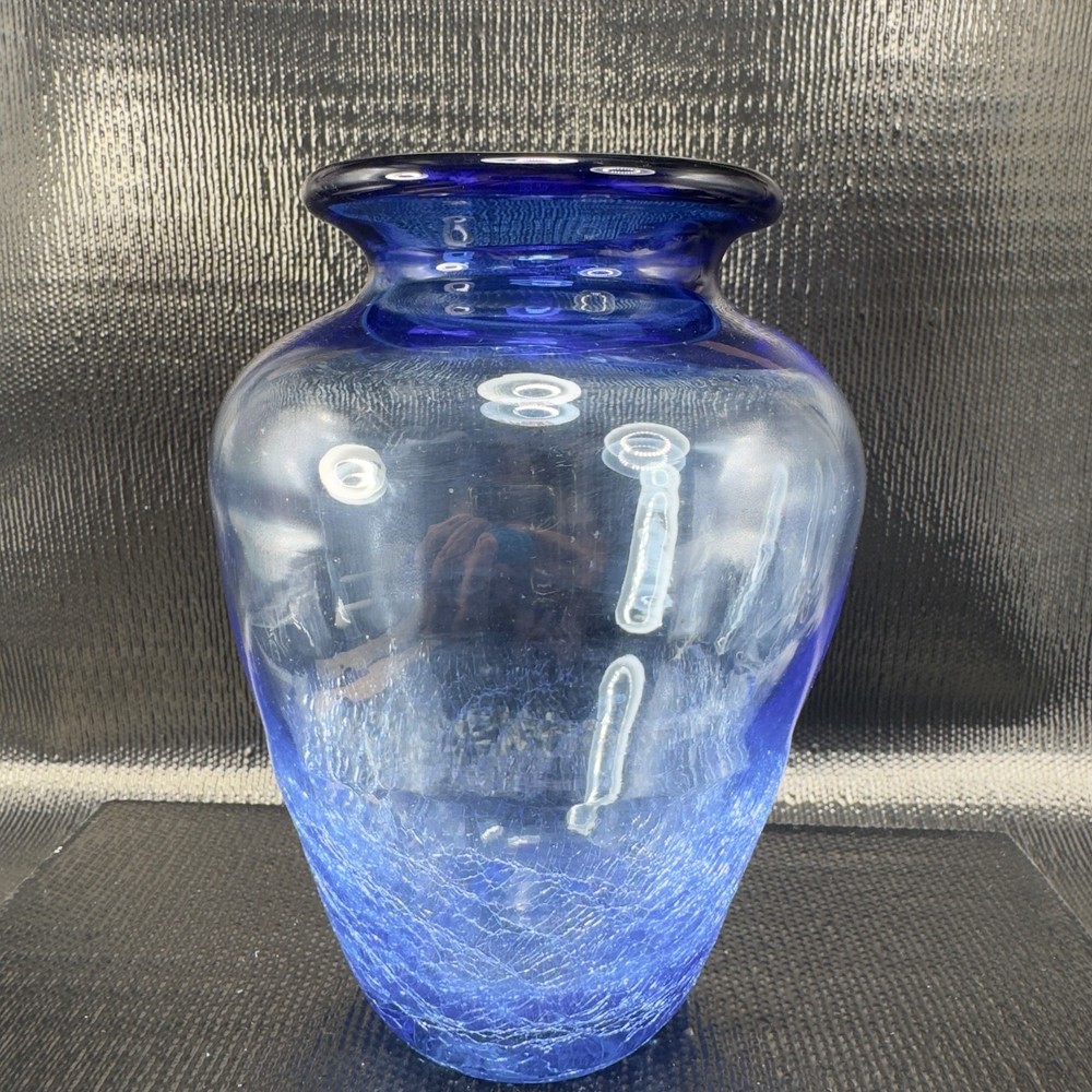 Hand Blown Blue Crackle Glass Vase Vessel Hand Made Glass Vase Studio Art Glass