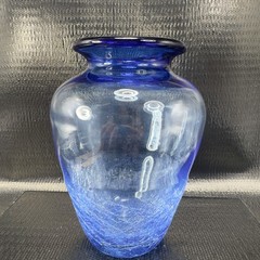 Hand Blown Blue Crackle Glass Vase Vessel Hand Made Glass Vase Studio Art Glass