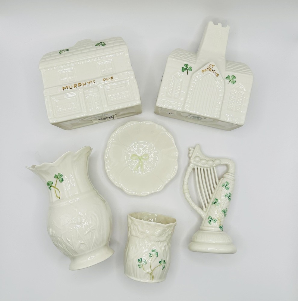 Lot Of 6 Vintage Belleek Irish Shamrock Porcelain Harp Murphys Pub St Patrick’s