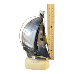 Mid Century De Mott Brass Metal Sailboat Brutalist Sculpture on Onyx Base W Tag
