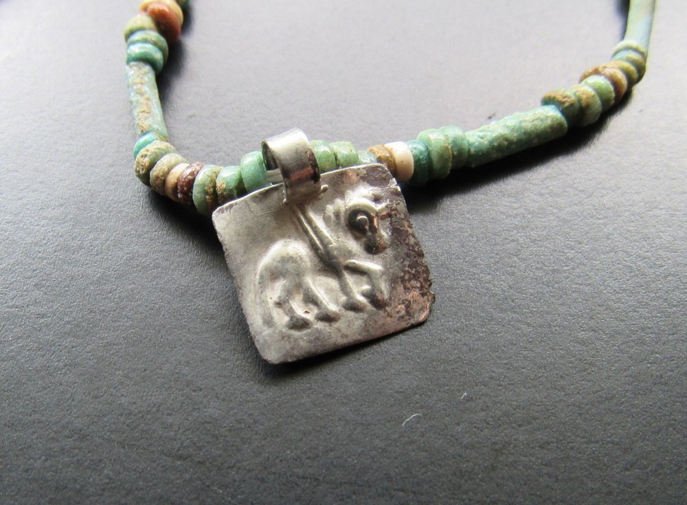NILE Ancient Egyptian Silver Amulet Mummy Bead Necklace ca100 BC