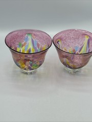 2 Vtg Kitras Art Glass Hand Blown Bowl with Pedestal Decor Multi Colour Signed
