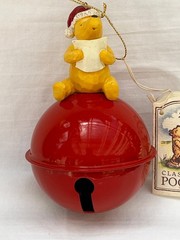 Vintage Disney Classic Santa Pooh Sitting on Large Jingle Bell Ornament 5.5″ EUC