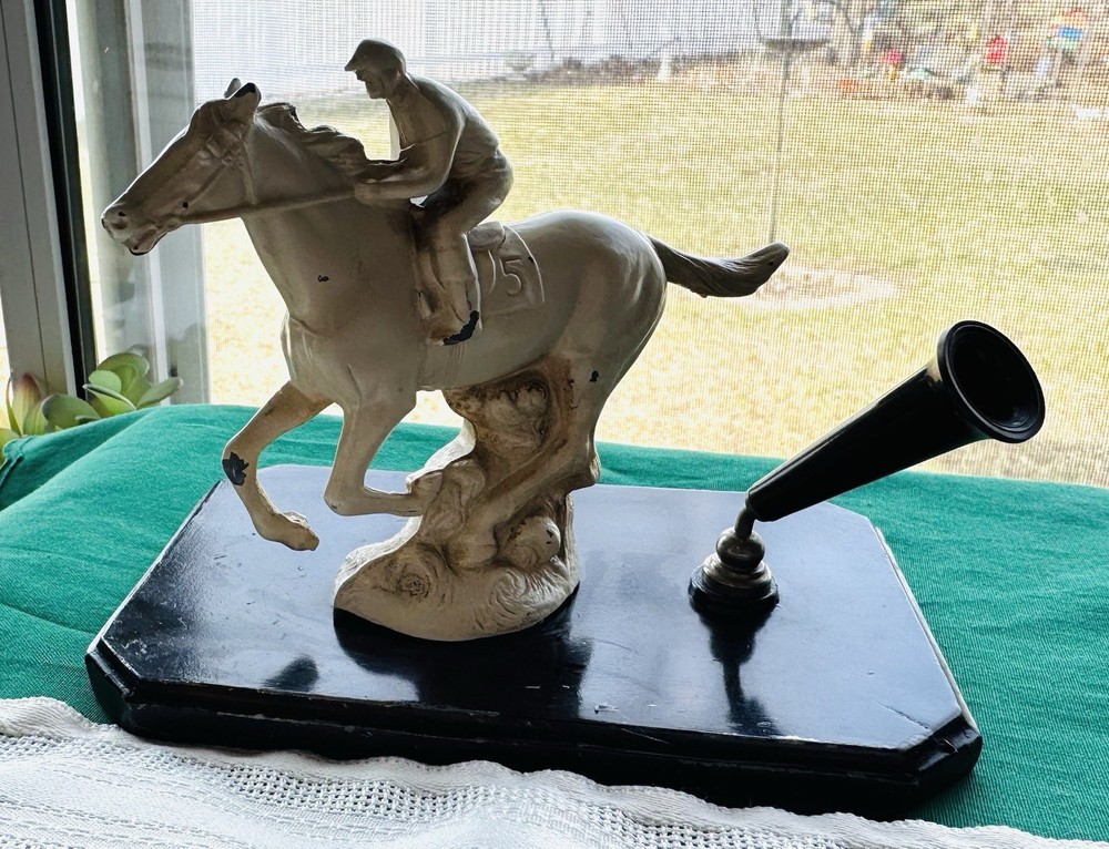 Vintage Desktop Fountain Pen Holder Cast Metal Race Horse #5