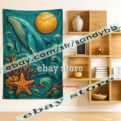 Whale Moon Ocean Relief Tapestry 3D look Wall Art coastal decor 39X59 in