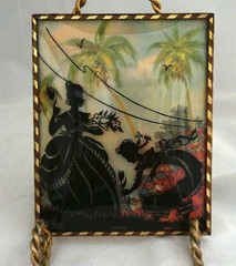 Pair 1940 Convex Benton Glass Matching Silhouettes 4×5” Picking Flowers Bubbles