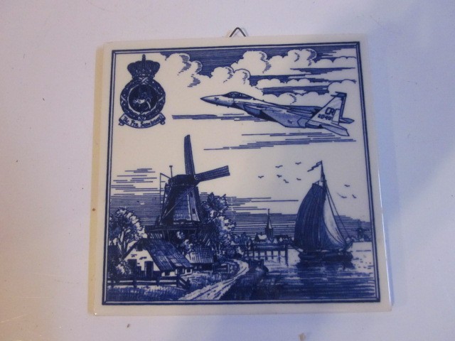 Vintage Delft Blue WINDMILL JET FIGHTER & BOAT Hand Painted 6″ DECORATIVE TILE
