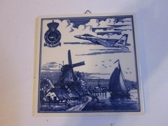 Vintage Delft Blue WINDMILL JET FIGHTER & BOAT Hand Painted 6″ DECORATIVE TILE