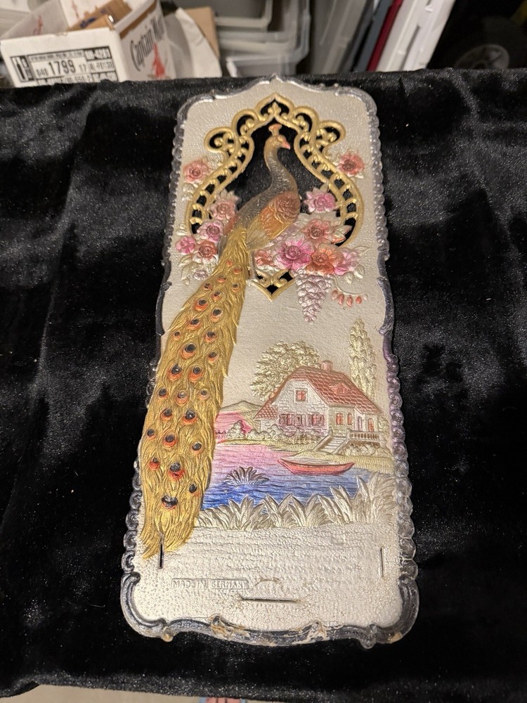 Colorful Made in Germany Embossed Peacock Decorative Pressed Paper Plaque 1920s