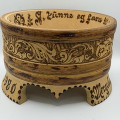 Vintage Norwegian Tine Butter Bowl Hand Carved Wood Rosemaling Morgedal 1980