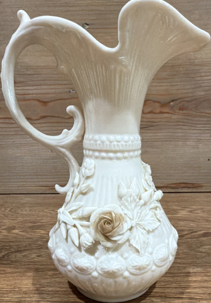 Belleek Aberdeen Porcelain VintageAppliqué Pitcher 7.5”Ivory Ireland REG NO 0857