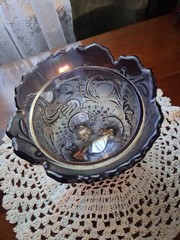 Imperial Glass Louis 14th Lidded Footed Jar Carnival Glass 6.75″ Tall 4.75″ Diam