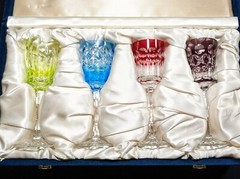 Faberge Na Zdorovye Crystal Colored Cordial Glasses 5 3/4″ H x 2″ at rim NIB