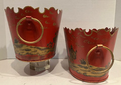 VTG RARE PAIR RED/GOLD CHINOISERIE TOLE CACHE POTS, GOLT GILT HOLLYWOOD REGENCY