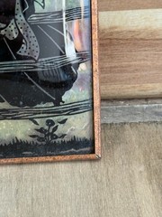 Vintage Reverse Painted Glass Silhouette Art 5.75” Copper Frame Colonial Scene