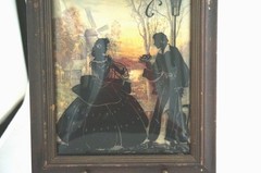 Pair 1940 Convex Glass Matching Silhouettes Couple Guitar Serenade
