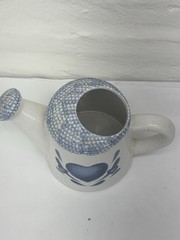 Vintage Pottery Watering Can with Blue Heart 5″ Tall 5.5″ Across Base Spongeware