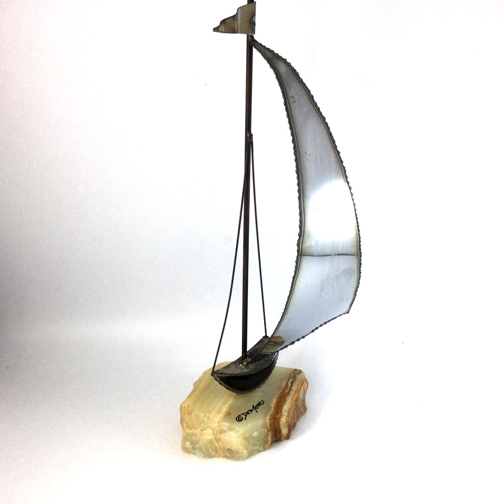 Vintage Sailboat Sculpture Silver Tone Metal Onyx Signed John DeMott 15″ H
