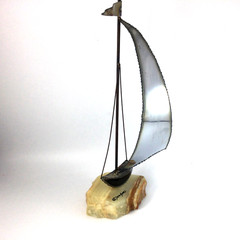 Vintage Sailboat Sculpture Silver Tone Metal Onyx Signed John DeMott 15″ H