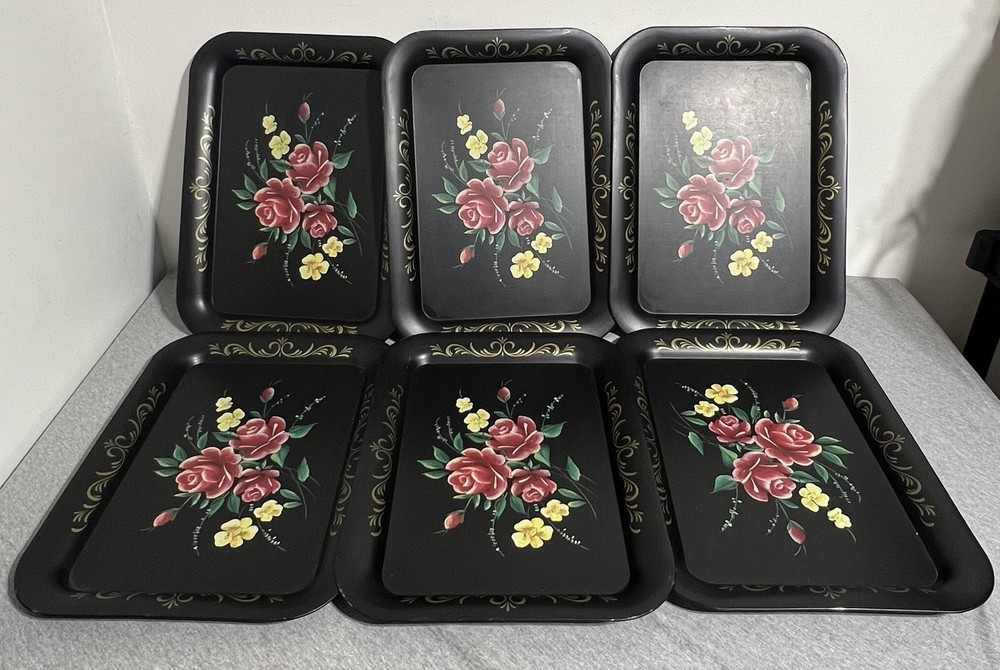 Vintage Black Metal Serving Trays Set of 6 Hand Painted Floral Rose Toleware Art