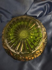 Green and Blue Carnival Glass Bowel with Iridescent Accents