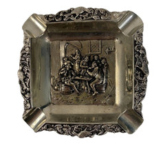 Antique Collectible Metal Cigarette Ashtray Men Sitting Around A Table Rare