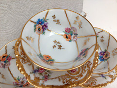 VTG /ANTIQUE LIMOGES J POUYAT BERNARDAUD FLORAL GILDED 3 CUPS SAUCERS FRANCE