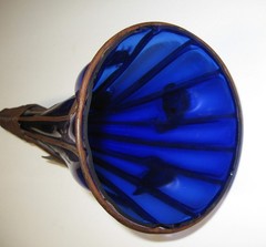 Rare Beautiful Cornucopia Cobalt Blue Glass with Metal Copper/Brass Stand 11″x6″