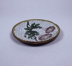 Antique 1940s Cloisonne Tray Trinket Dish Thick Brass Trumpet Flowers Art 20