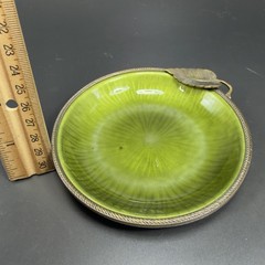 Evans Hand Enameled Copper Metal Green Dish Brass Trim Leave 4.5inch Plate Dish