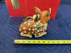 FITZ And FLOYD Classic Christmas Snowy Woods Deer Ceramic Candy Jar