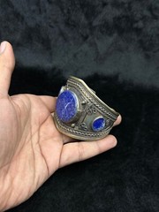 Vintage Afghani Silver Handmade Adjustable Bangle With Lapis Lazuli Stone