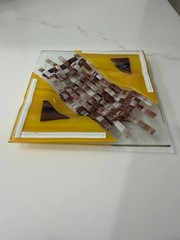 VIBRANT! Yellow Brown Square Fused Art Glass Plate 6 x 6” Jewel Tones Textured ✨