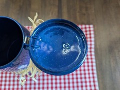 9.5″high BLUE Metal Enamaled Percolator w/SUNFLOWERS-BUTTERFLIES decals x DECOR