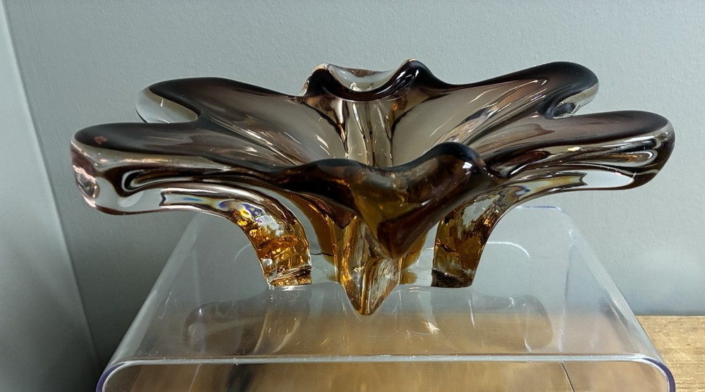 Vintage Murano Hand Blown Art Glass Bowl Brown Amber Ombre Heavy MCM
