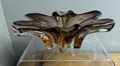 Vintage Murano Hand Blown Art Glass Bowl Brown Amber Ombre Heavy MCM