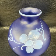 Vintage Bohemian Hand Blown Art Glass Enameled Flower Paint Vase Bowl Blue VTG