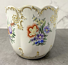 Vintage Hollohaza Hungary Hand Painted Floral Cachepot Planter Gold Gilt Vase
