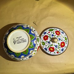 Vintage Dakas Ceramic Rhodes Greece Hand Painted Lidded Bowl 24K Gold Gilt 16cm