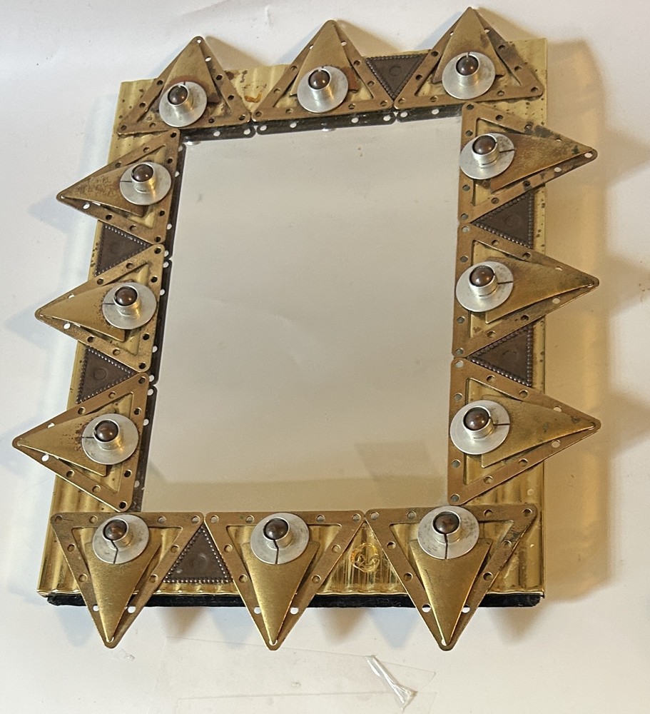 Vintage Brutalist Brass & Stone Geometric Tabletop/Wall Mirror MCM 1970s OOAK