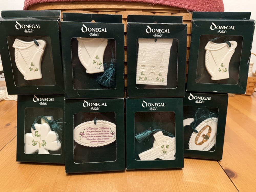 Donegal Belleek Ornament’s lot Harp, Shamrock, Celtic Cross, Castle new in box