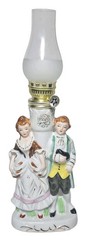 Edwardian 11″ Porcelain Kerosene Lamp Dressed Man Woman Decor Vintage Japan