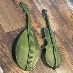 Vintage 60s Royal Cast Metal Green Bass Guitar and Mandolin Wall Hangings Art