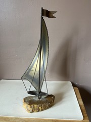 Vintage Signed John DeMott 15” Brass Sailboat Sculpture on Quartz/Onyx Base