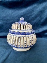 Hand painted Nabeul Blue & White Reticulated Porcelain Potpourri Incense Jar